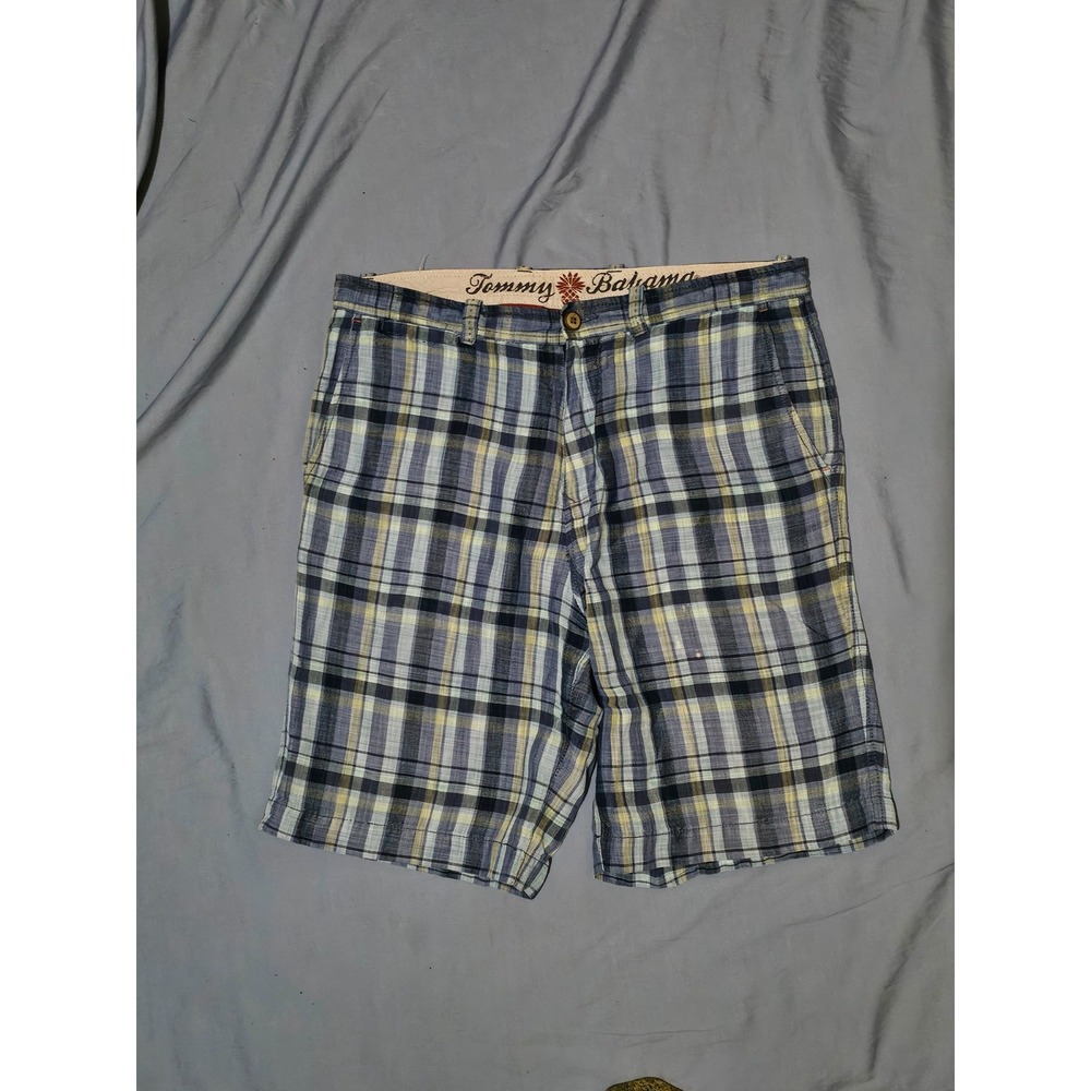 Tommy Bahama Bermuda Linen Lyocell Shorts Size 32 Blue Plaid‎